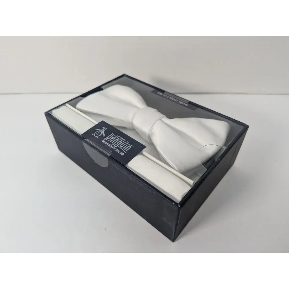 Original Penguin Bow Tie & Pocket Square‎ Set Choice of White or Plum / Eggplant